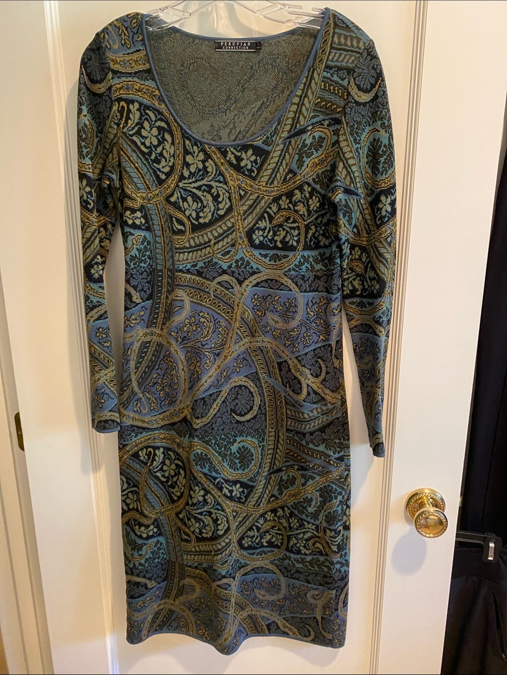 Peruvian Connection Blue and Green Paisley Long Sleeve Knit Dress